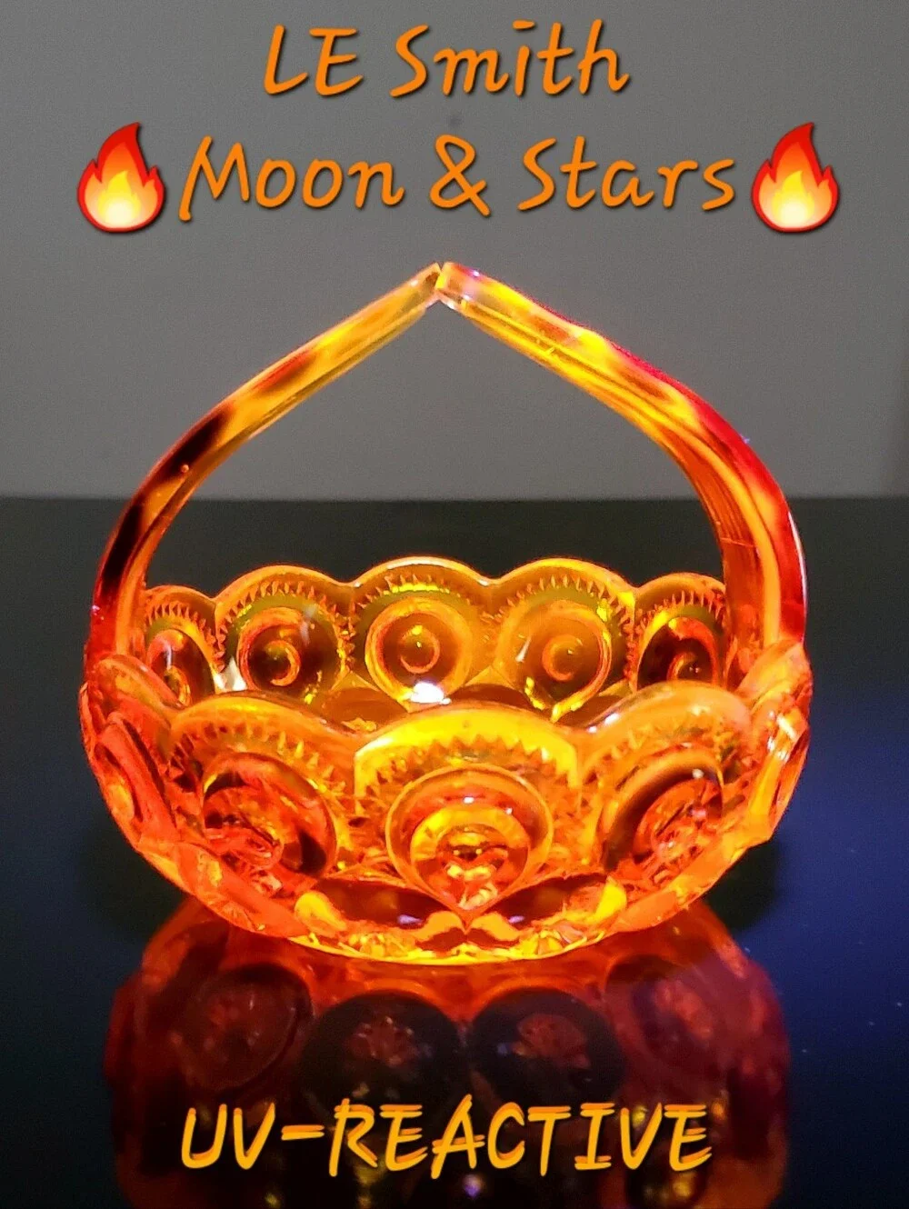 GLOWING Fire Amberina Moon & Star Split Handle Art Glass Basket - Picture 1 of 16